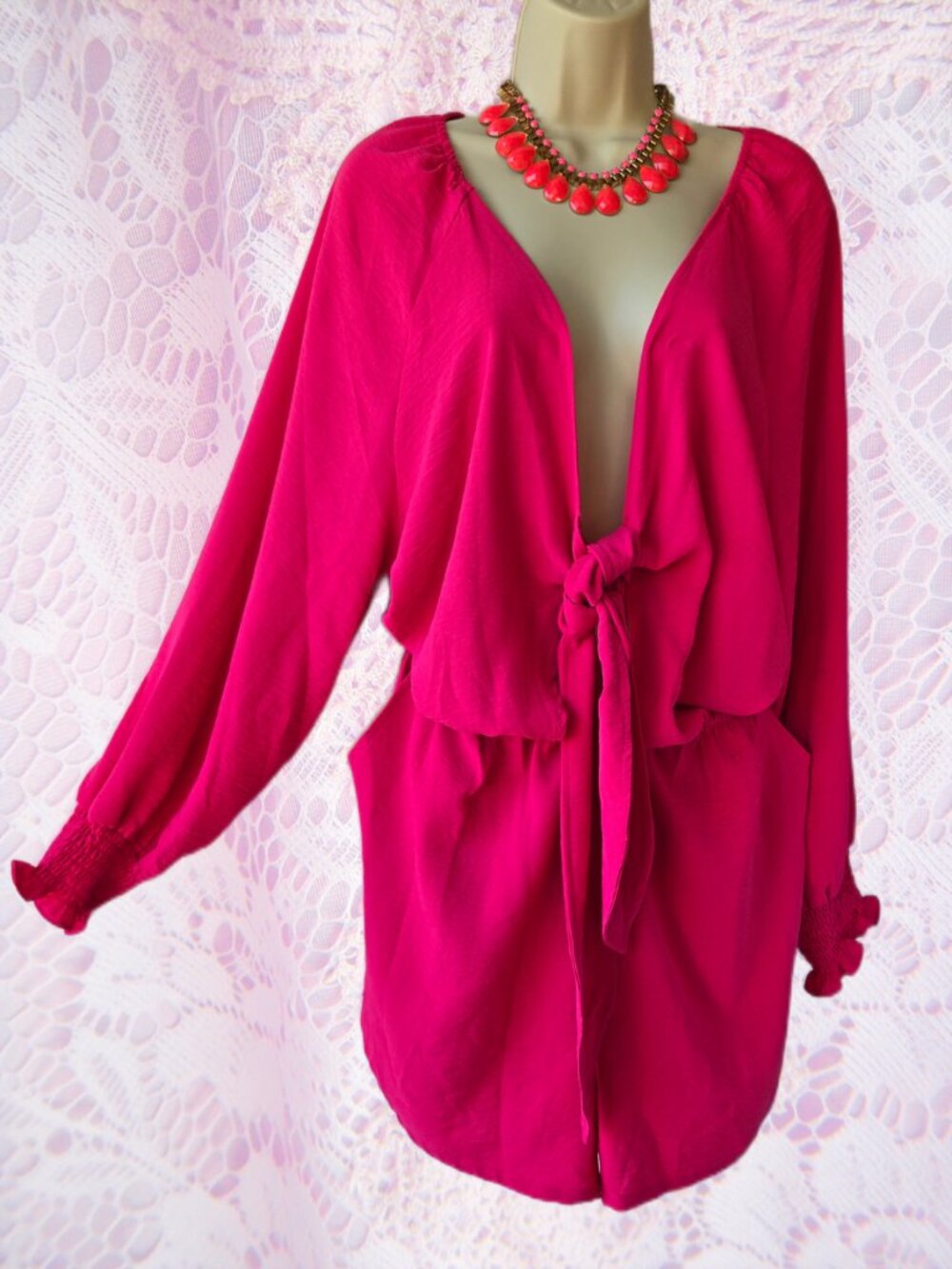Pink Playsuit with Front Tie Long Sleeves XL Boho Beach Vacation Resort Wear